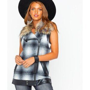 Tasha Polizzi Yorkshire Vest Wool Blue Plaid Faux Fur Collar Faux Leather Trim M